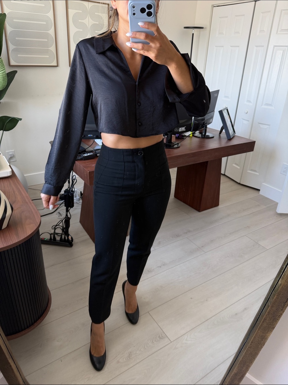 Cropped Black Button-Up Top — Black
